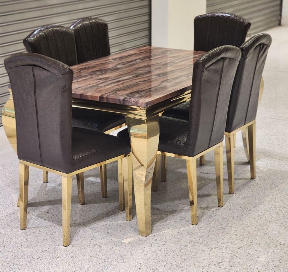 Luxury 6-Seater Marble Top Dining Table Set with Leather Upholstered Chairs